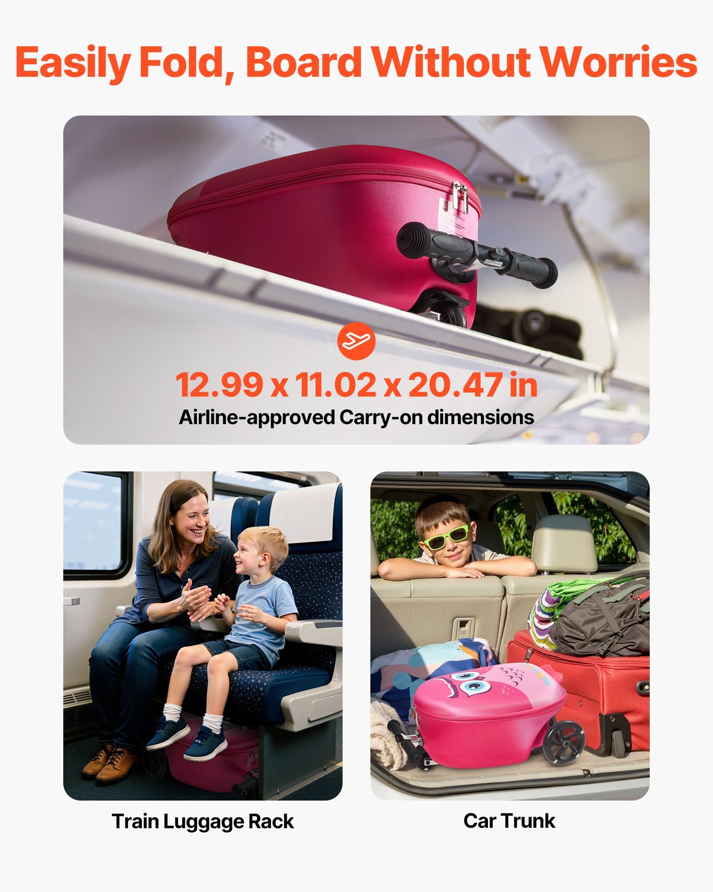 Kids Ride-On Luggage 20-Inch Pink Scooter Suitcase with Flash Wheels
