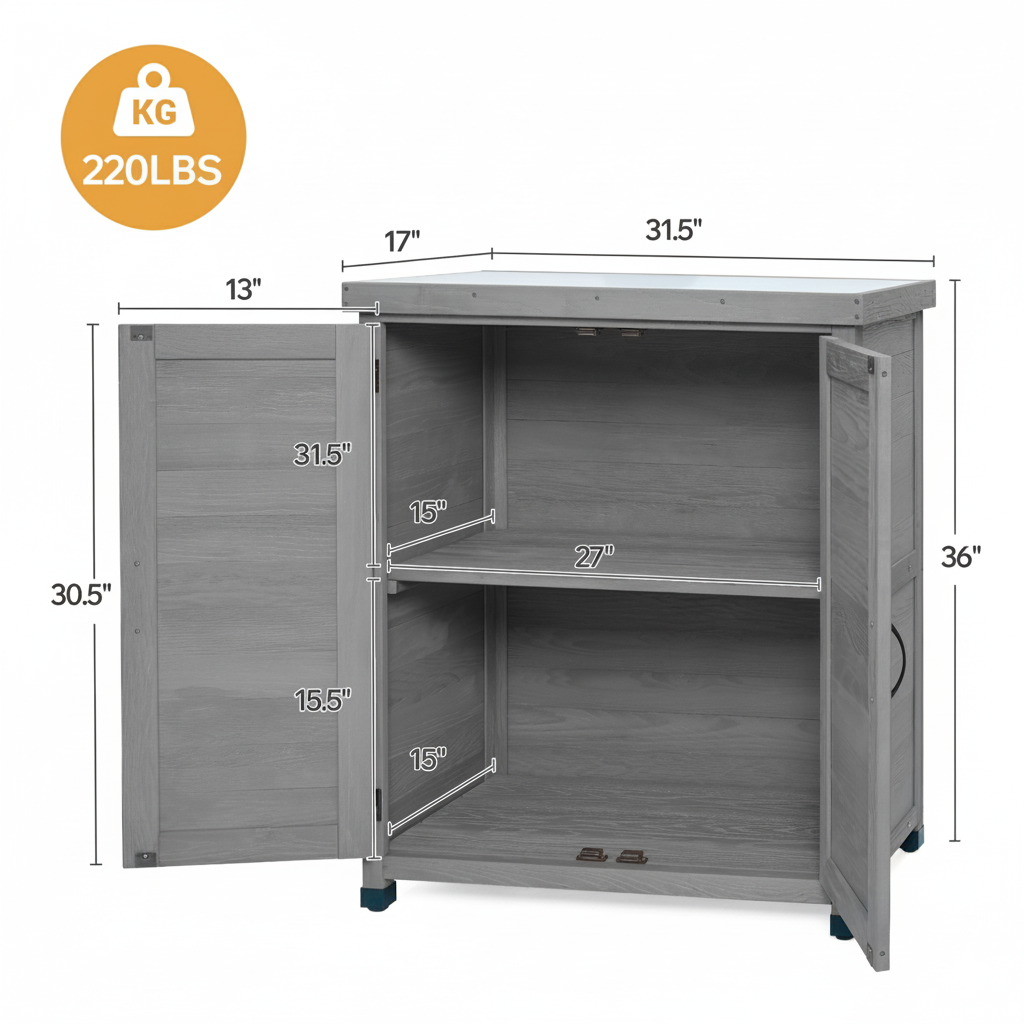 Potting Bench With Storage Cabinet And Metal Table Top For Outdoor