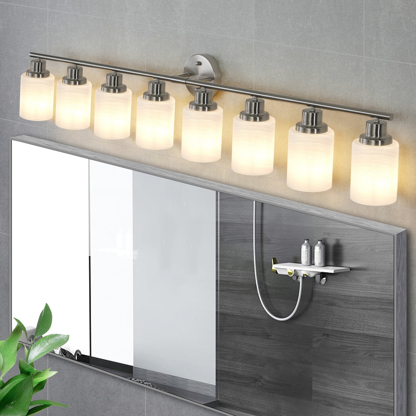 Modern 8-Light Vanity Wall Sconce - Brushed Nickel with Frosted Glass
