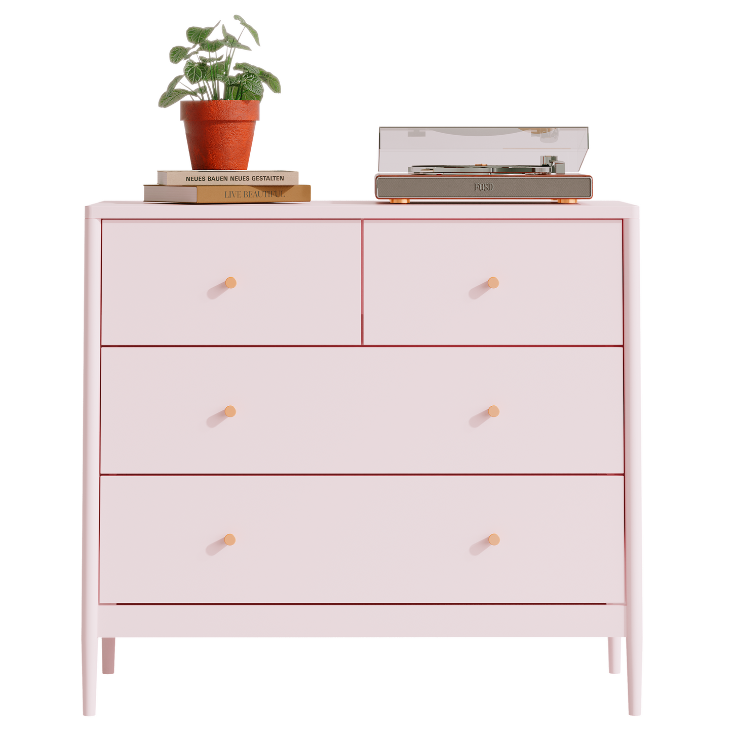 Pink 4-Drawer Wooden Kids Dresser - Modern Storage Cabinet