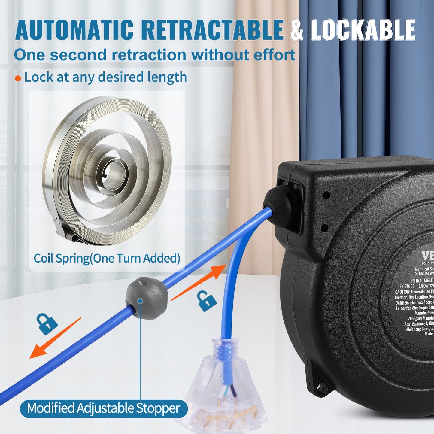 Heavy Duty Retractable Extension Cord Reel 45FT 12AWG Water & Oil Resistant Power Cord