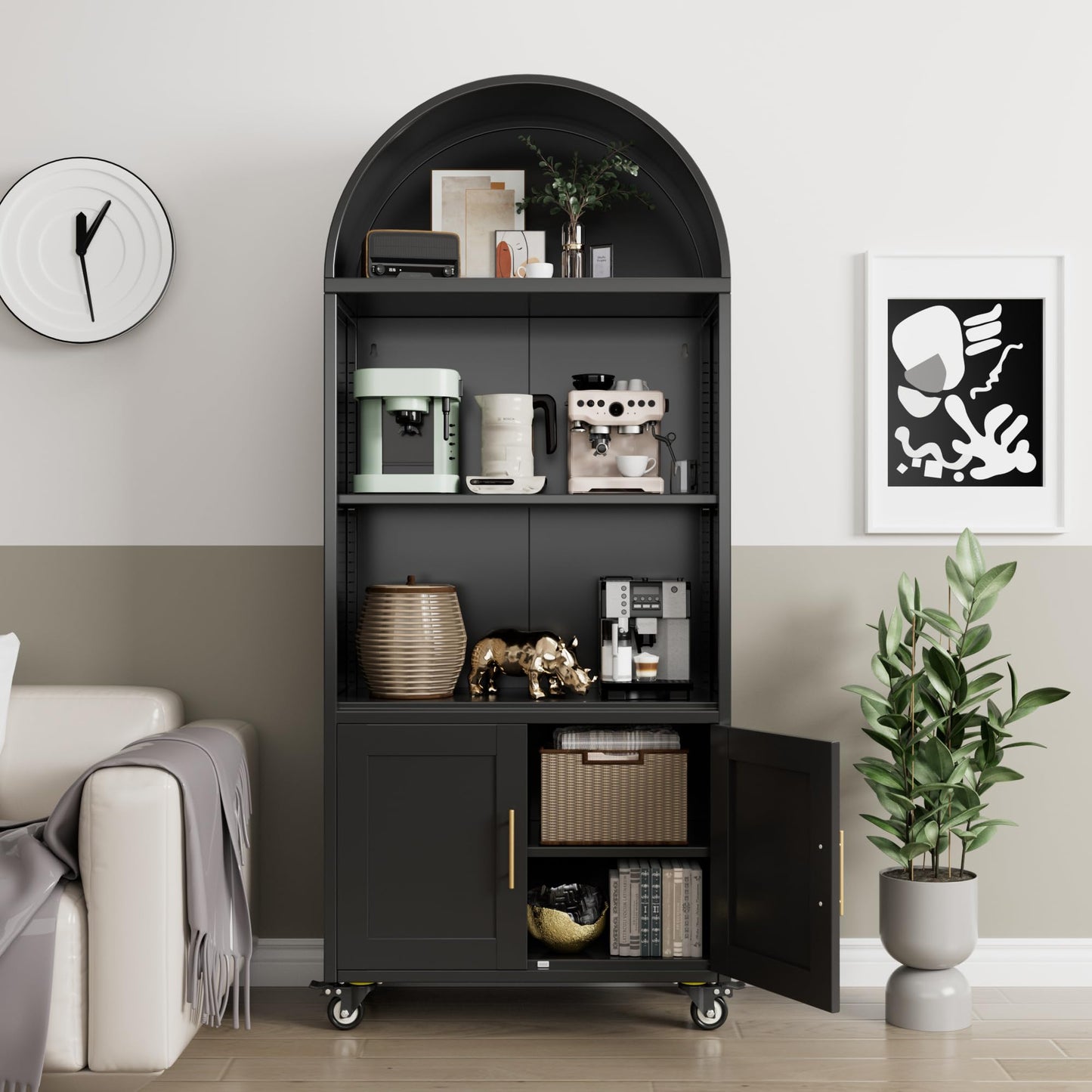 Metal Arched Bookcase on Wheels - Black with 2 Adjustable Shelves