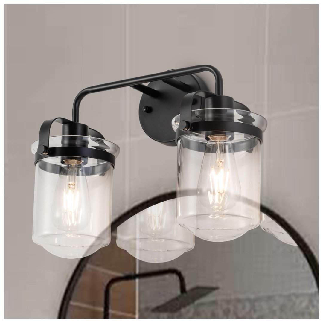 Modern Black Wall Sconce Light with Clear Glass Shade - Indoor Indoor Fixture for Bathroom Bedroom Living Room Kitchen Sink - E26 Socket