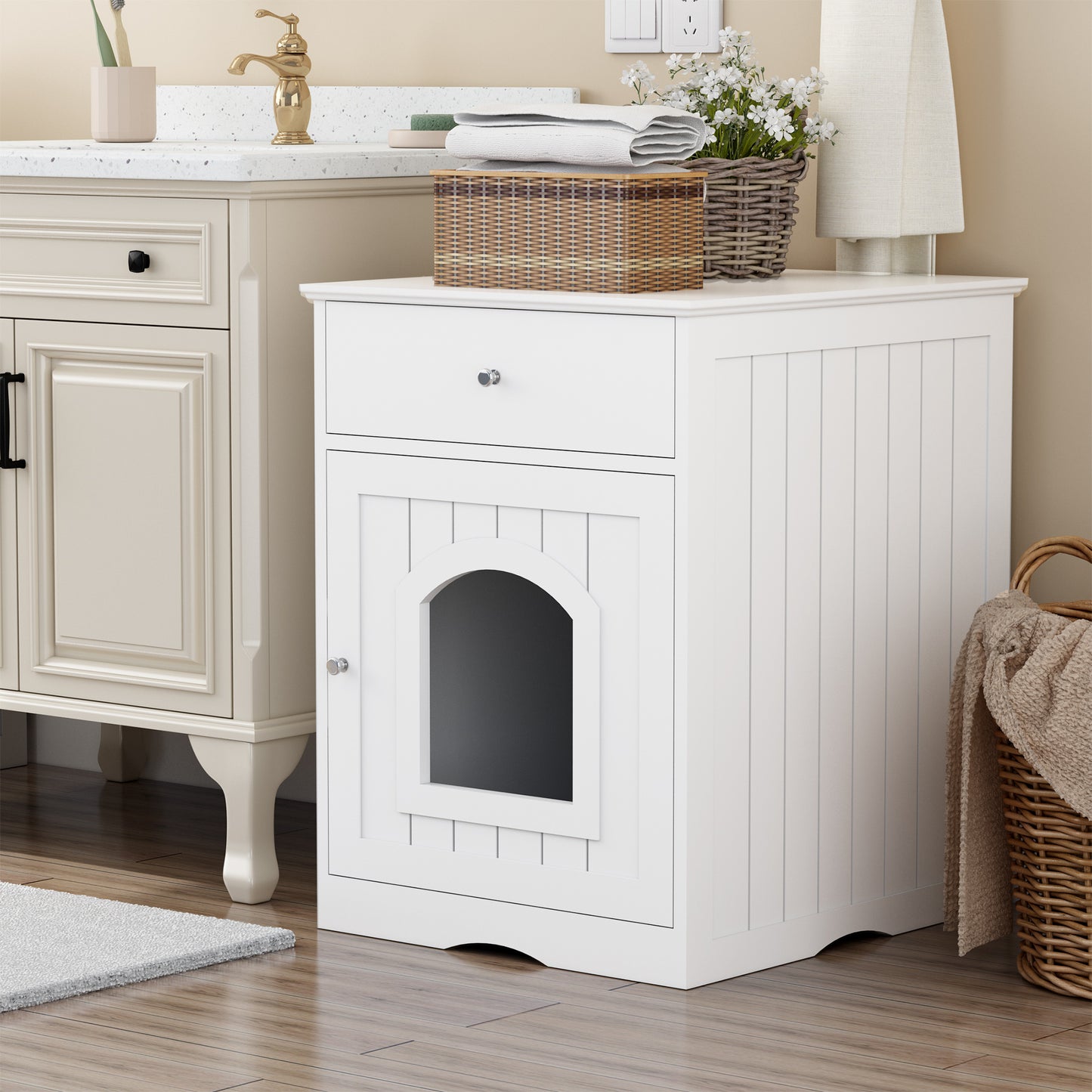 Wooden Pet House with Drawers Fence for Cats and Small Pets