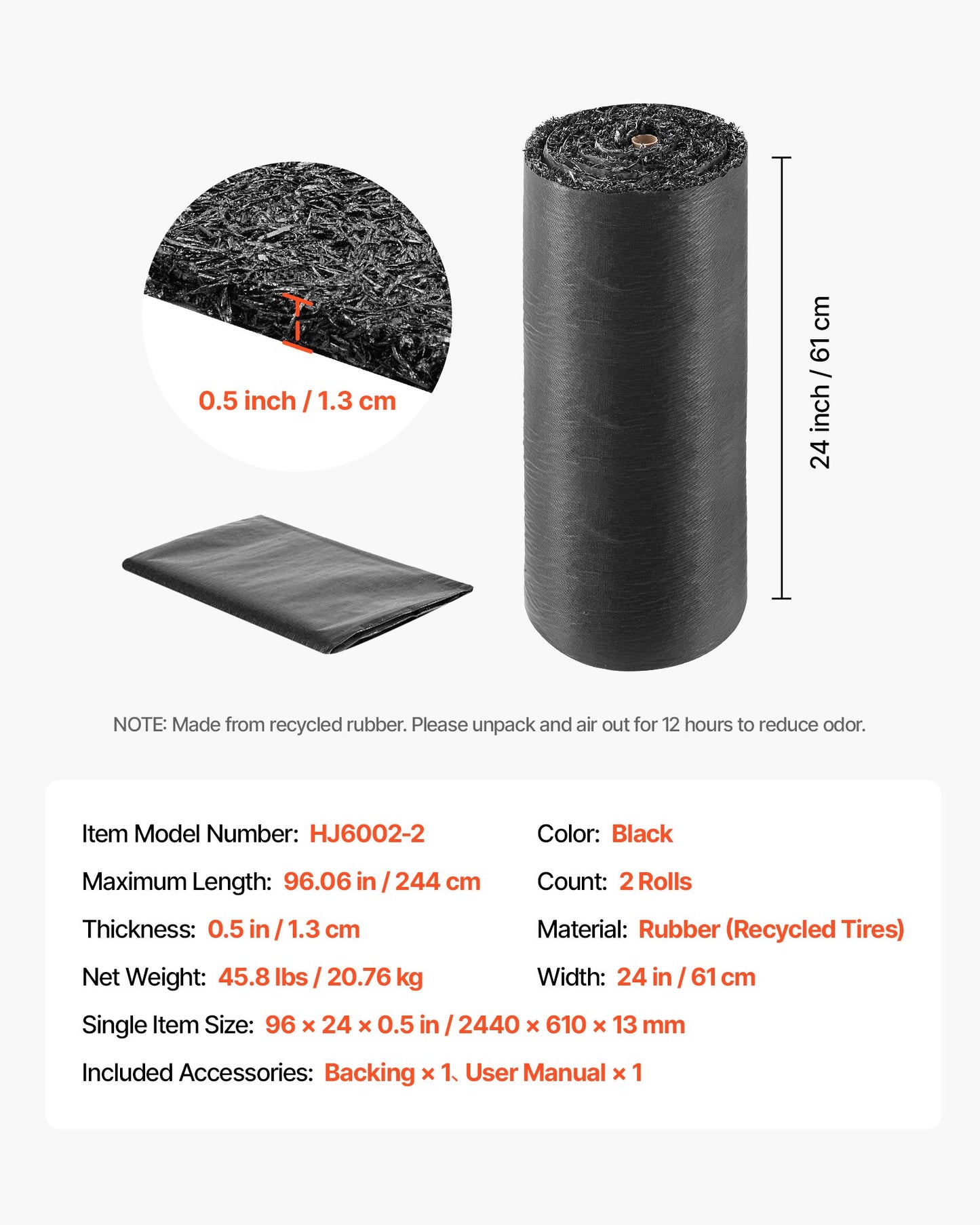Rubber Mulch Mat Roll - 2 Pack 96x24 Inch Weed Barrier for Landscaping - Black