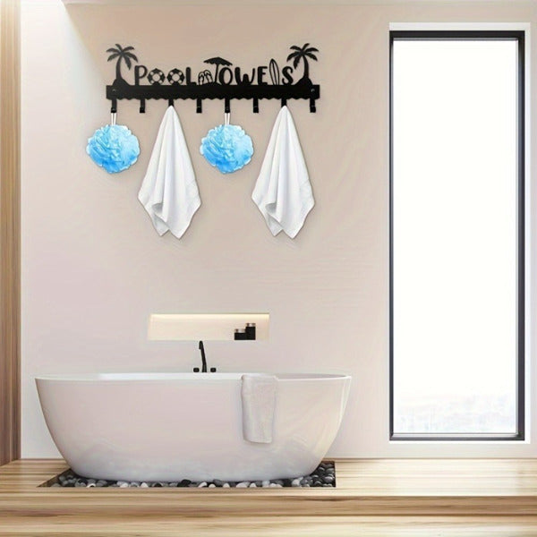 Handmade Iron Pool Towel Rack with 8 Hooks - Black