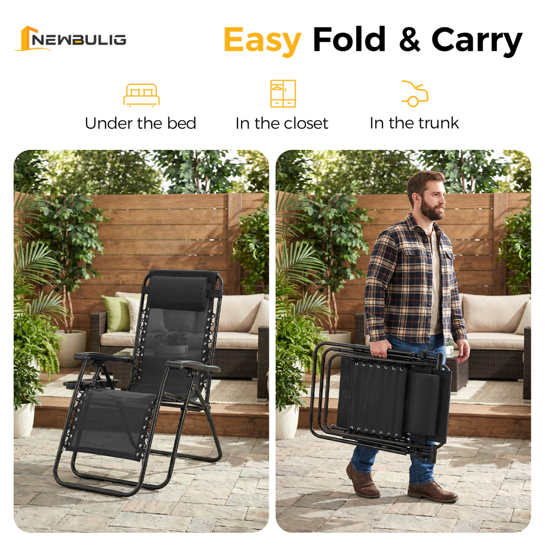 Set of 2 Folding Recliner Lounge Chairs with Pillow & Cup Holder