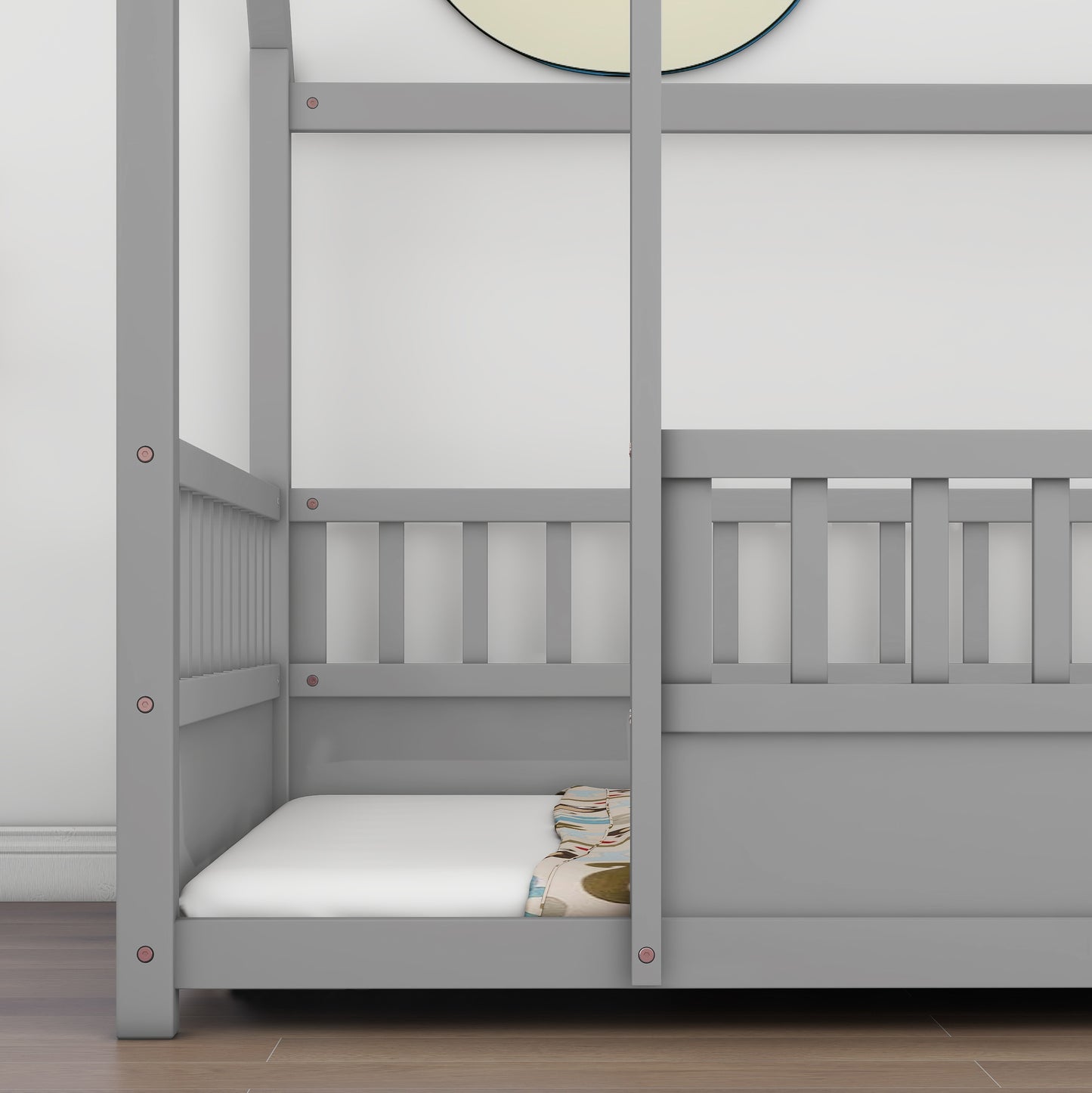 Full Size Wooden Bed with House Roof Frame & Fence Guardrails - Grey