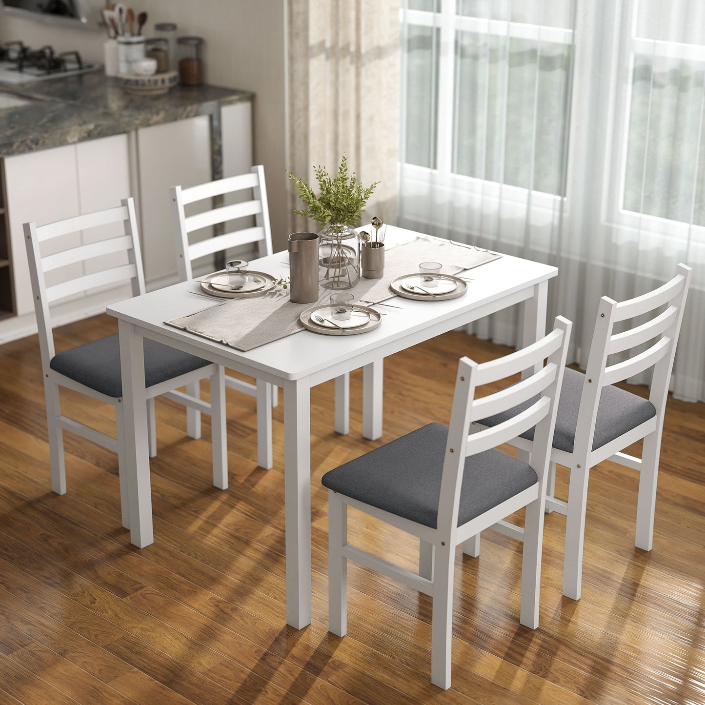 Farmhouse 5-Piece Dining Table Set for 4 with Upholstered Chairs