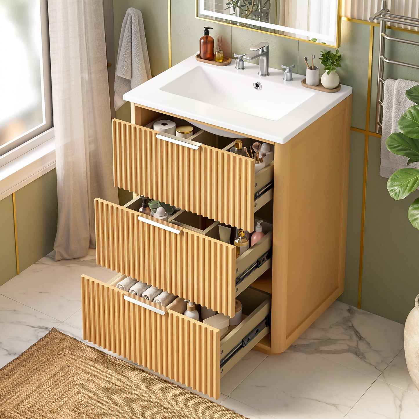 24 Inch Modern Luxury Bathroom Vanity With Ceramic Sink, Cabinet Open