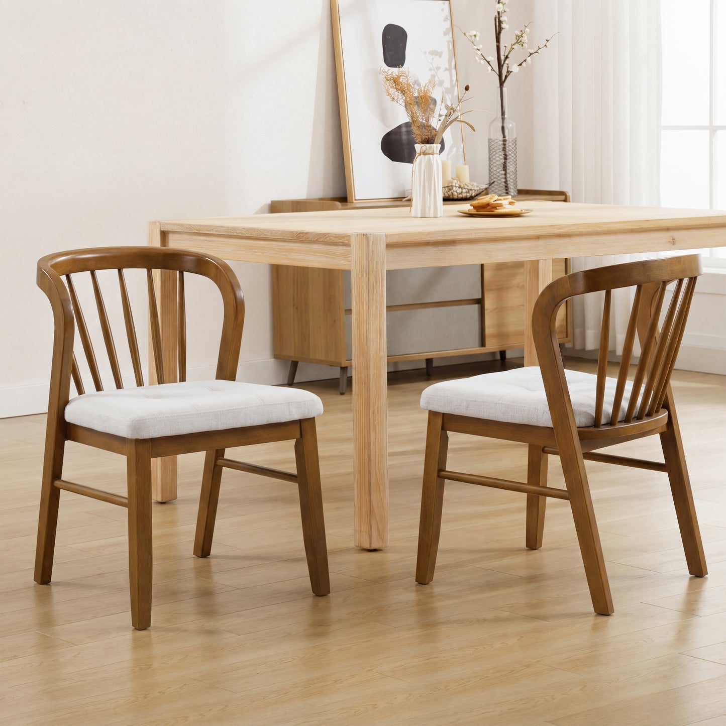 Mid-Century Modern Rubber Wood Dining Chairs - Set of 2, Walnut & Beige
