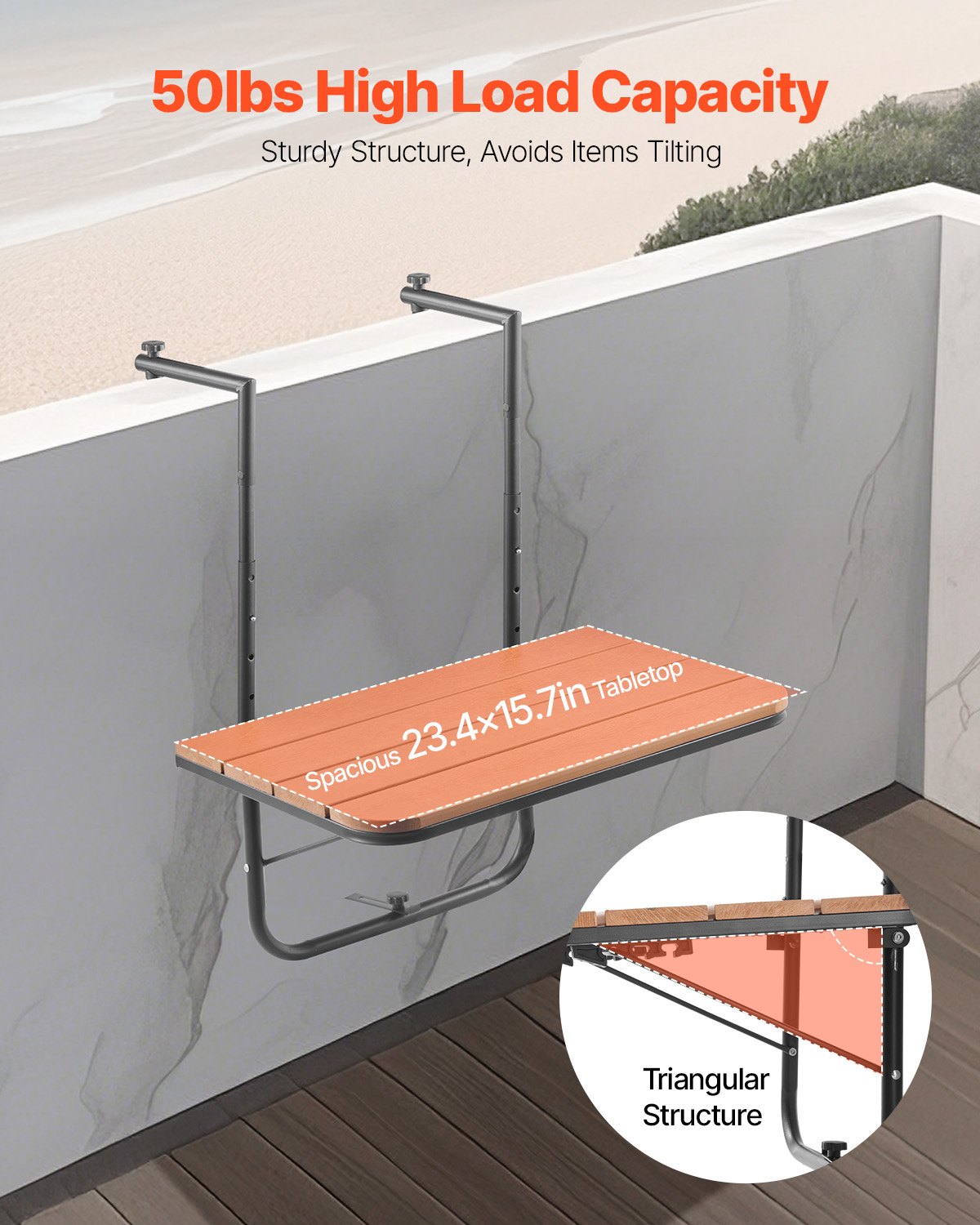 Outdoor Balcony Hanging Table 25x24 Inch Rust-Resistant Foldable Patio Railing Bar Table - Multicolor