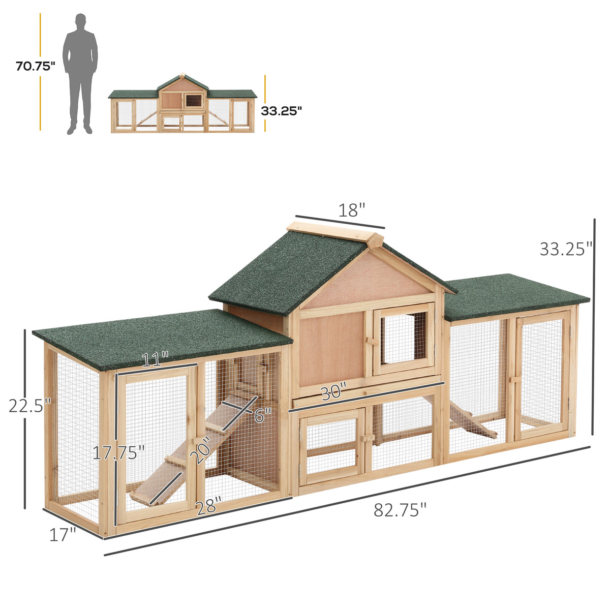 Outdoor Wooden Rabbit Hutch 83-Inch Large 2-Story Animal Cage with Ladder and Run