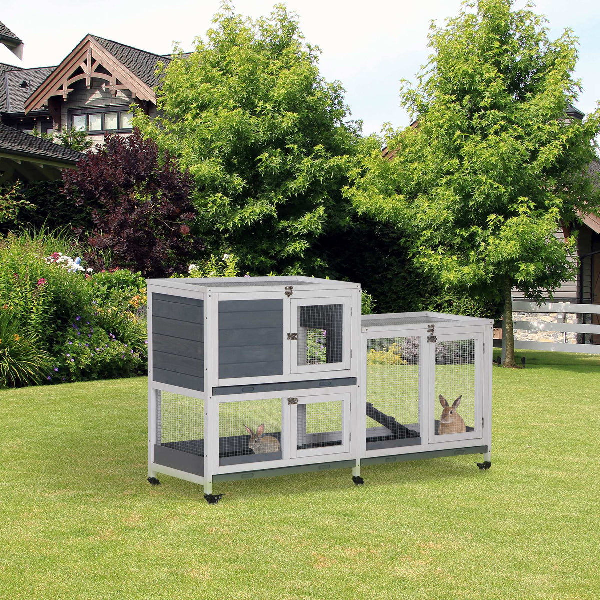 Wooden Rabbit Hutch with Elevated Pet House, Lockable Doors & Leak Tray, Gray