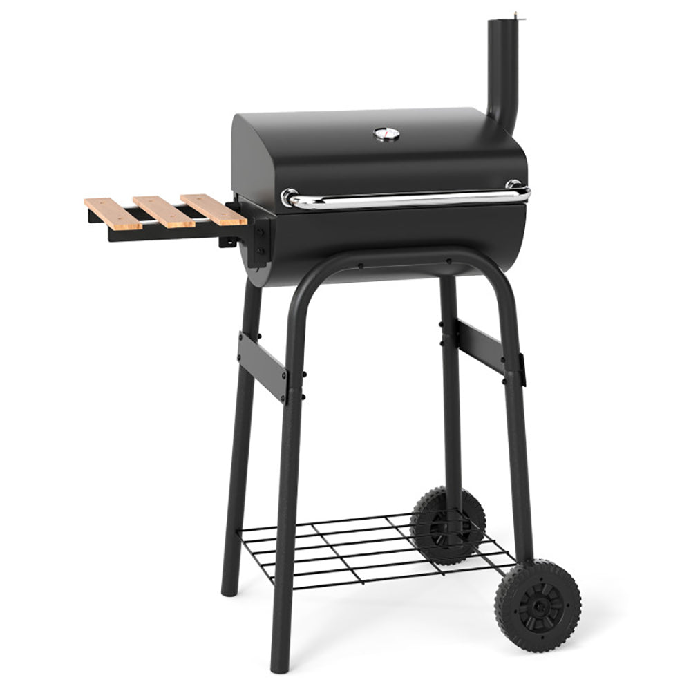 Charcoal Grill with Foldable Side Table and Thermostat - Black