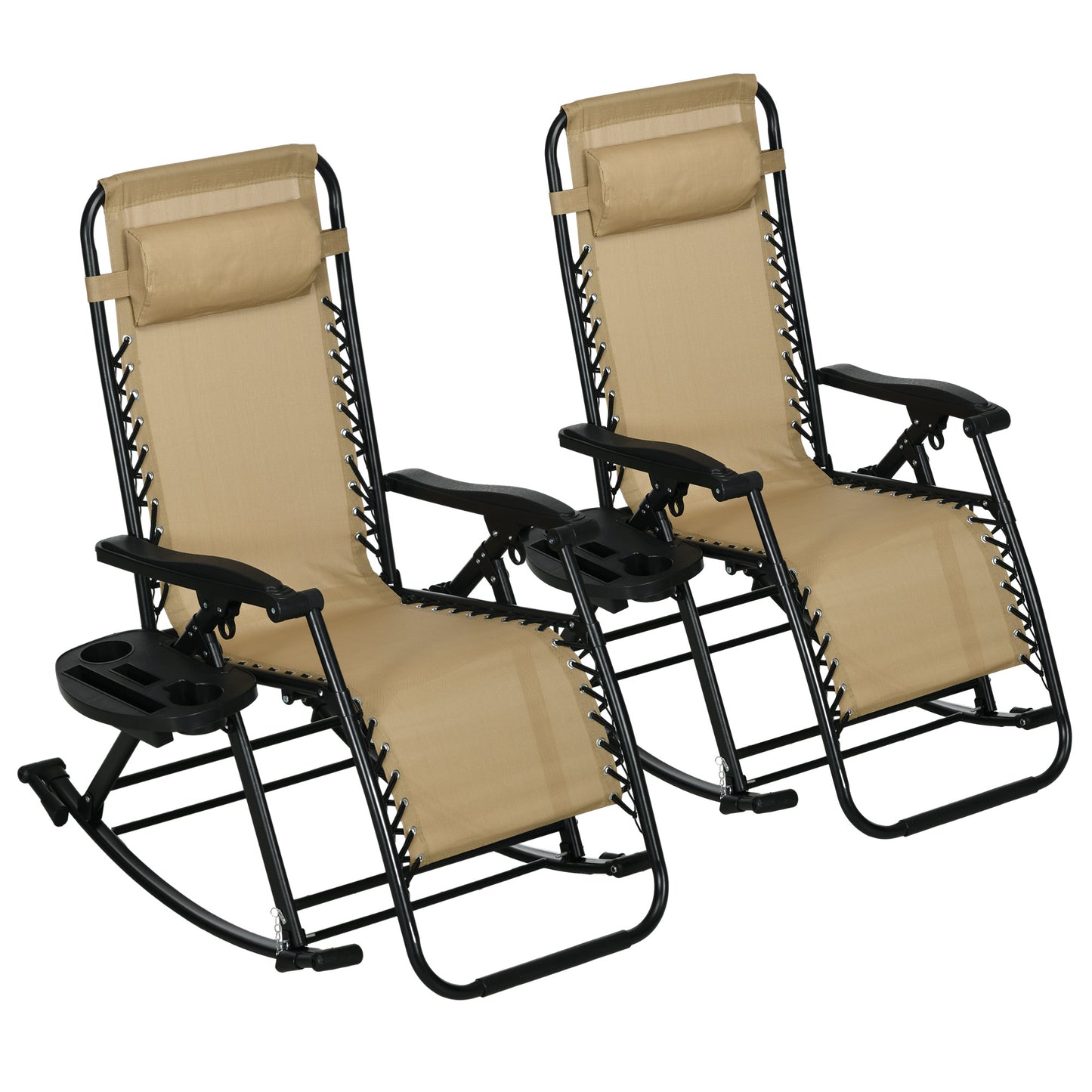 Zero Gravity Rocking Chairs - Set of 2 with Cup Holder & Pillow, Beige