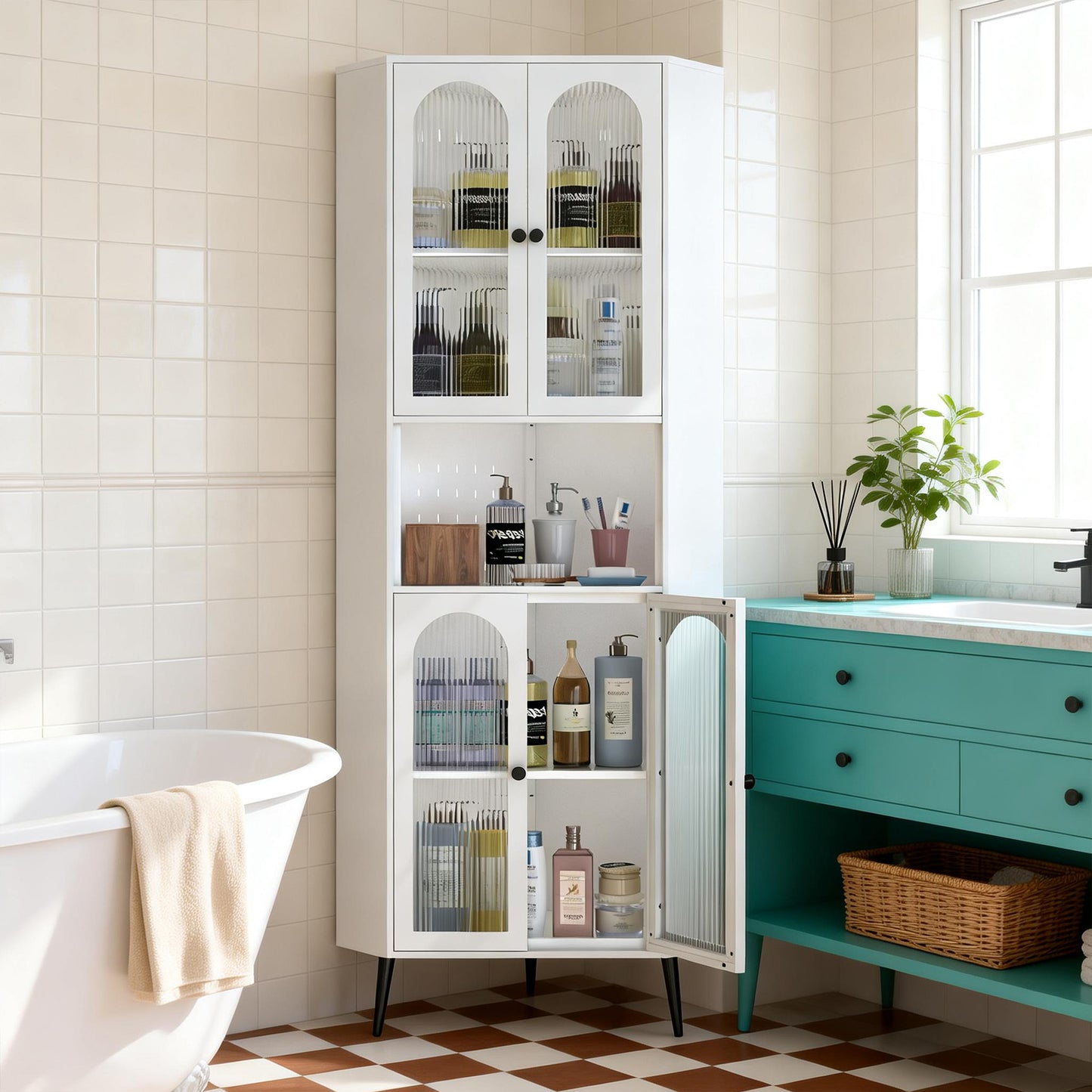 73'' White Metal Corner Storage Cabinet with Adjustable Shelves