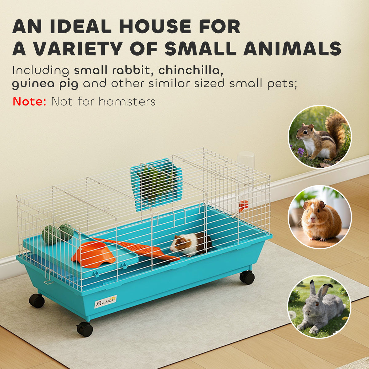 Small Animal Cage with Wheels, Food Dish, Water Bottle & Hay Feeder - Blue, 35 Inches