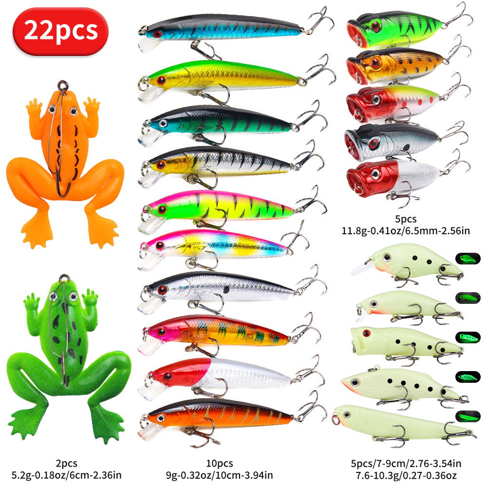 22-Piece Fishing Lure Set - Hard Baits, Soft Frogs & Poppers