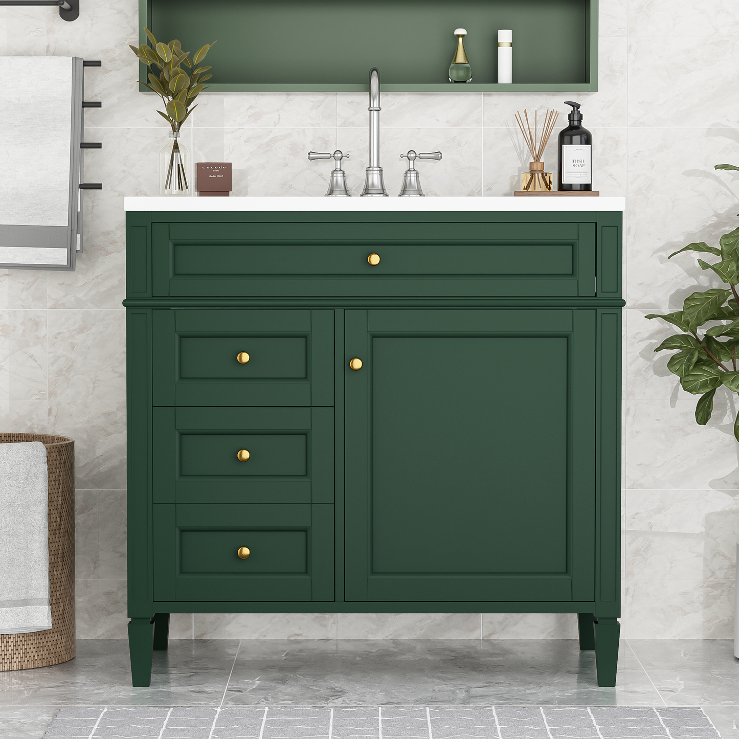 36'' Modern Bathroom Vanity with Sink & 3 Drawers - Garnet/Green