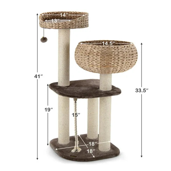 41 Inch Hand-Woven Water Hyacinth Cat Tree with Sisal Posts Multi-Level Activity Center - Brown