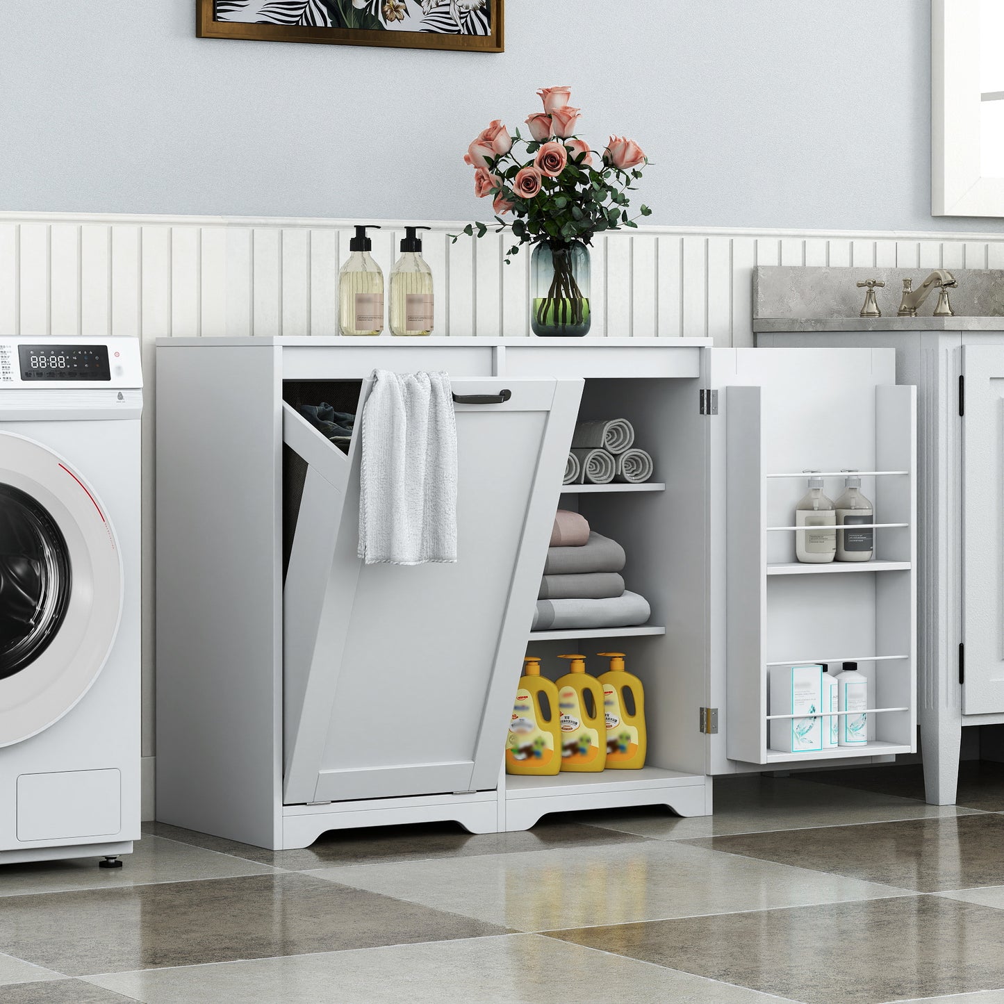 Tilt-Out Laundry Hamper Cabinet with Adjustable Shelf - White