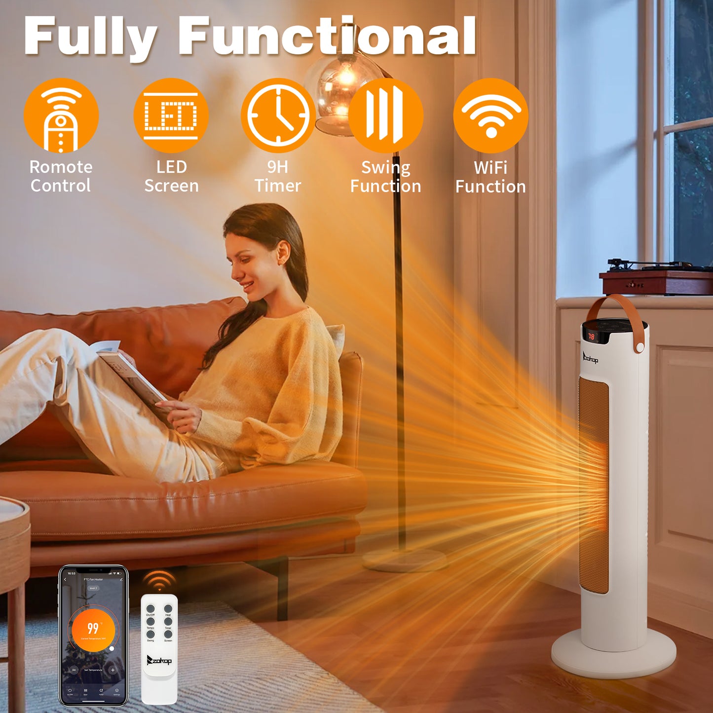 24-Inch Tower Space Heater 1500W WiFi App & Remote Control Thermostat