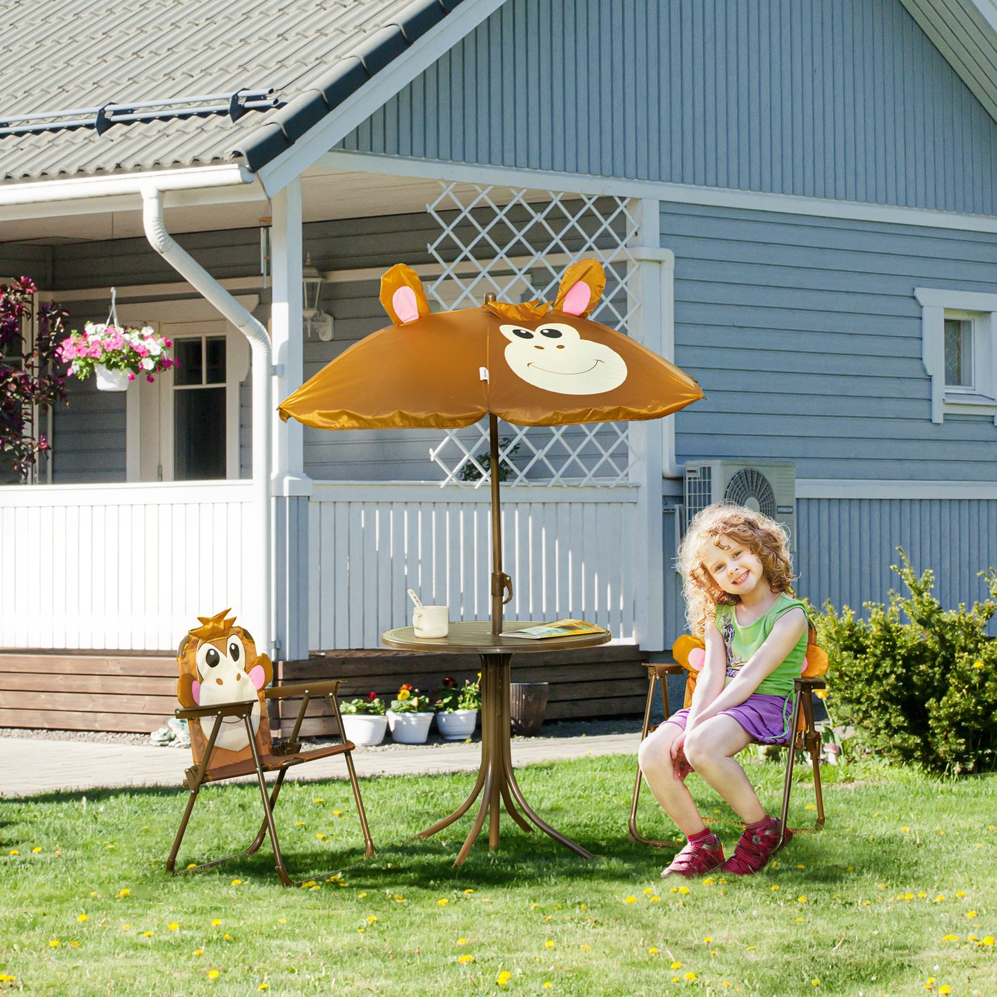Kids Outdoor Table and Chair Set with Adjustable Umbrella - Brown