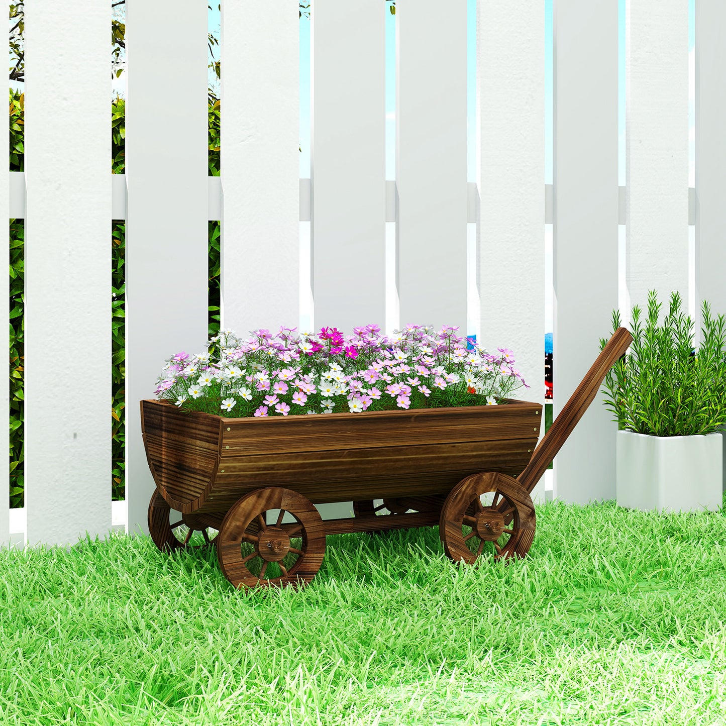 Wooden Wagon Planter Box with Wheels - Rustic Garden Flower Cart, Drainage Hole, Small Size