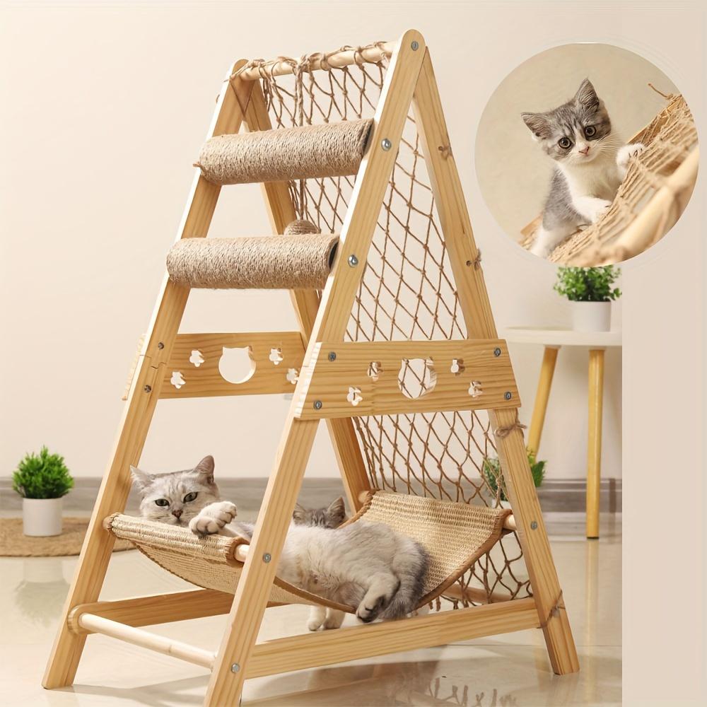 Wooden Cat Tree Tower with Scratching Posts, Summer Bed & Climbing Net