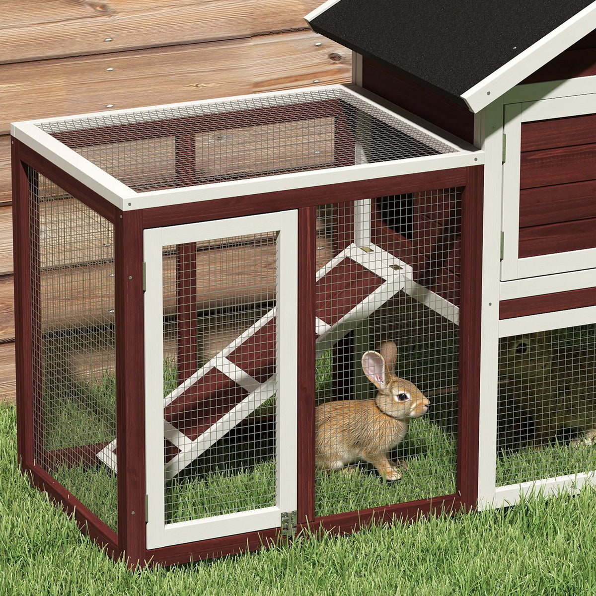 Wooden Rabbit Hutch with Waterproof Asphalt Roof & Removable Tray - Large Outdoor Pet Cage