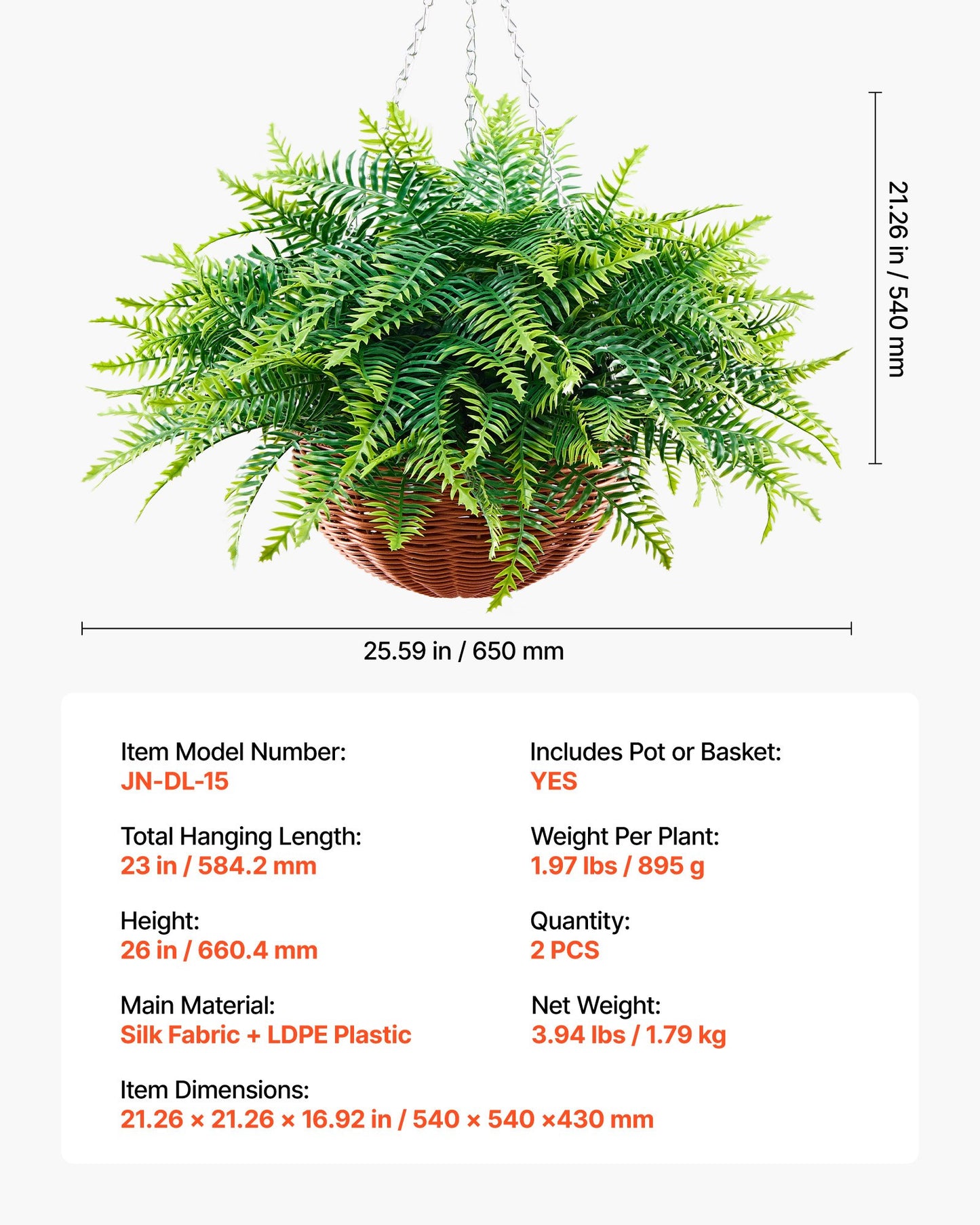 Artificial Ferns Hanging Plants Set - Faux Greenery for Indoor & Outdoor Decor, 26 Inch Tall, Black Variant