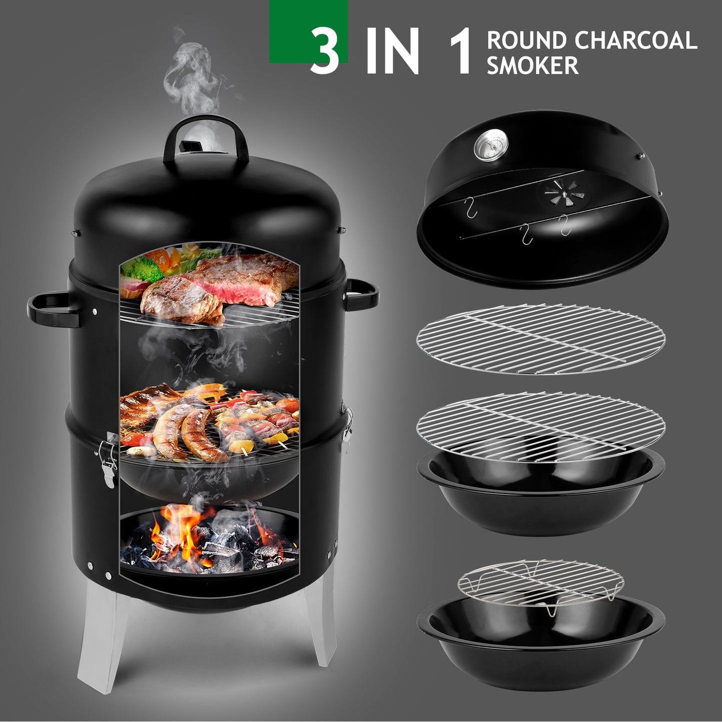 Vertical Charcoal Smoker 18.5 Inch Heavy Duty Portable Outdoor Grill with Thermometer