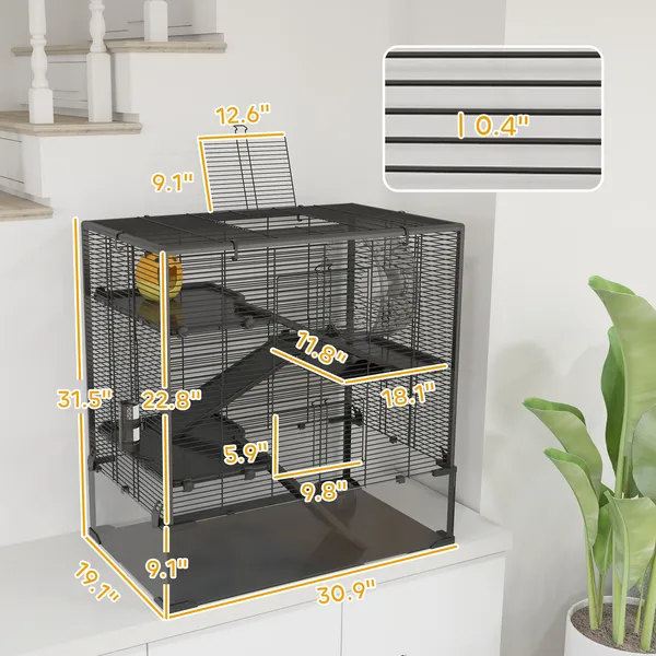 4-Tier Hamster Cage with Tempered Glass Bottom, Running Wheel, Hut, Water Bottle, Food Dish