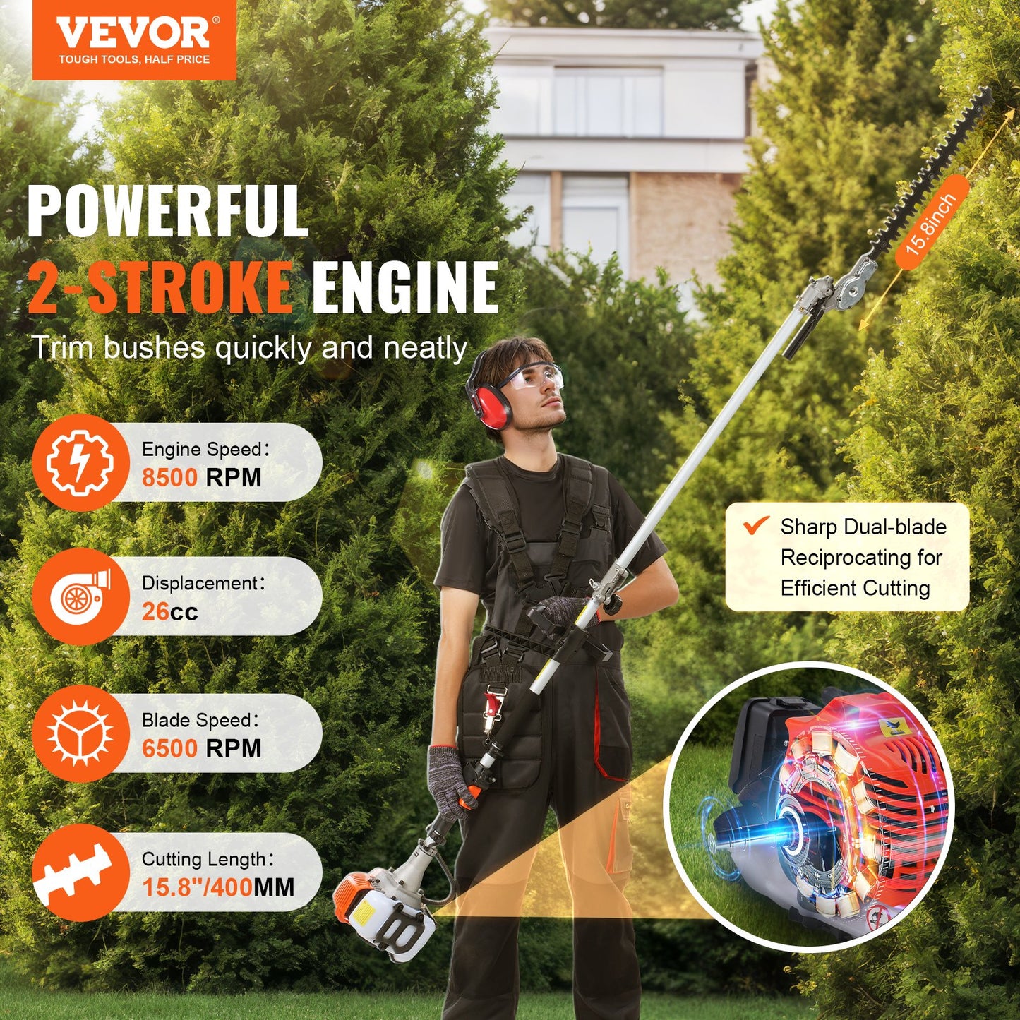 Gas Powered Pole Hedge Trimmer with Dual Sided Blades - 26CC 15.7-Inch