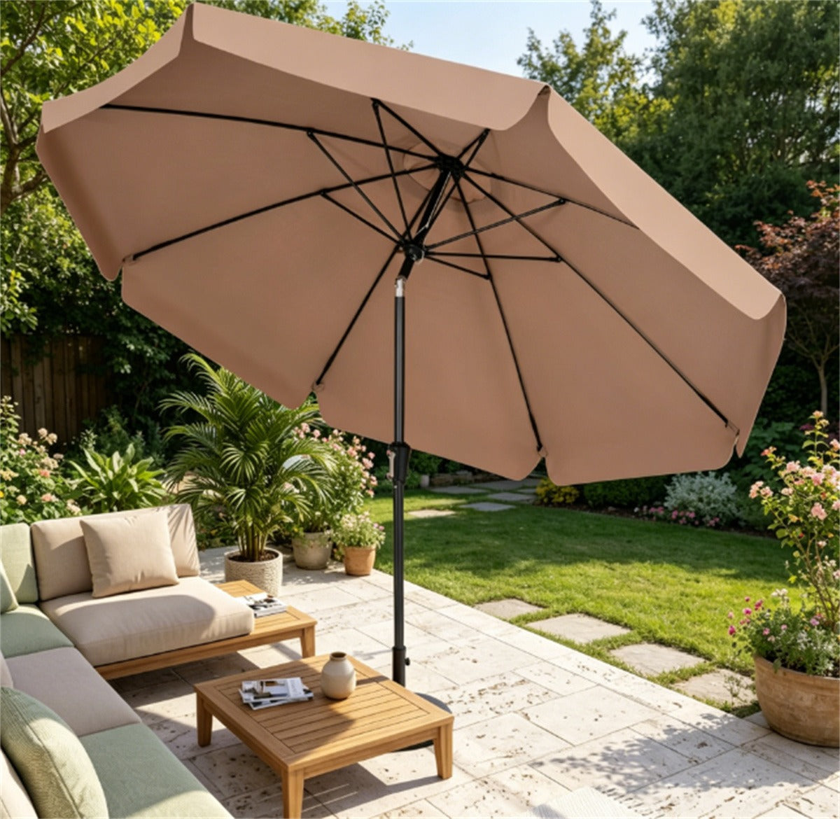 10ft Brown Scalloped Patio Umbrella with Tilt & Crank Control