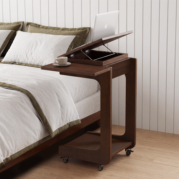 Solid Wood C-Shaped End Table with Adjustable Desktop - Walnut