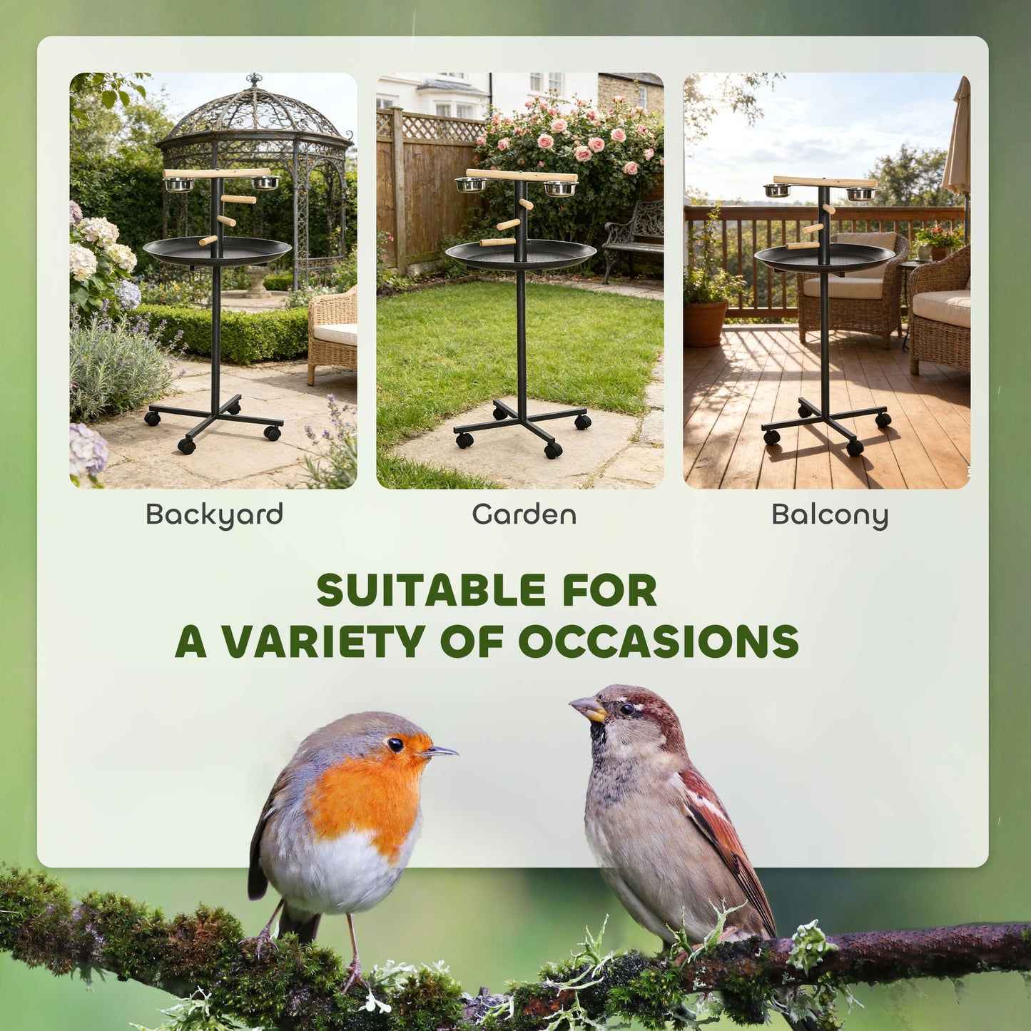 Portable Bird Play Stand with Wheels and Stainless Steel Feeders - Gray