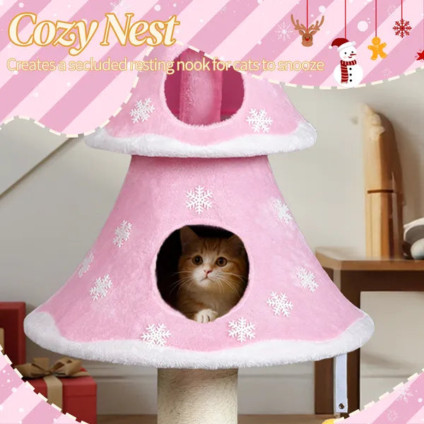 Large 59in Christmas Tree Cat Tower with 2 Condos & Scratching Post - Pink