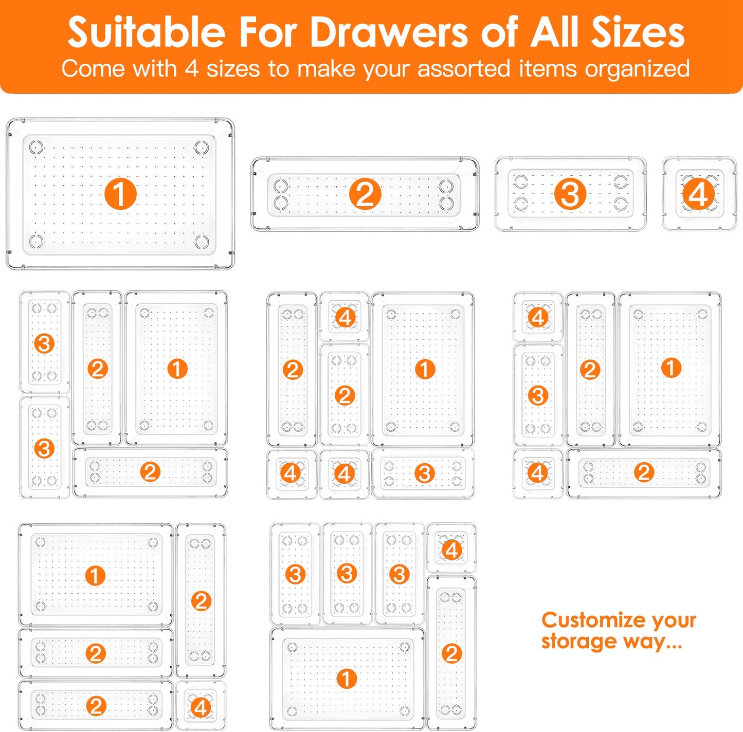 25Pcs Clear Plastic Drawer Organizers Set 4 Sizes Desk Dividers Trays