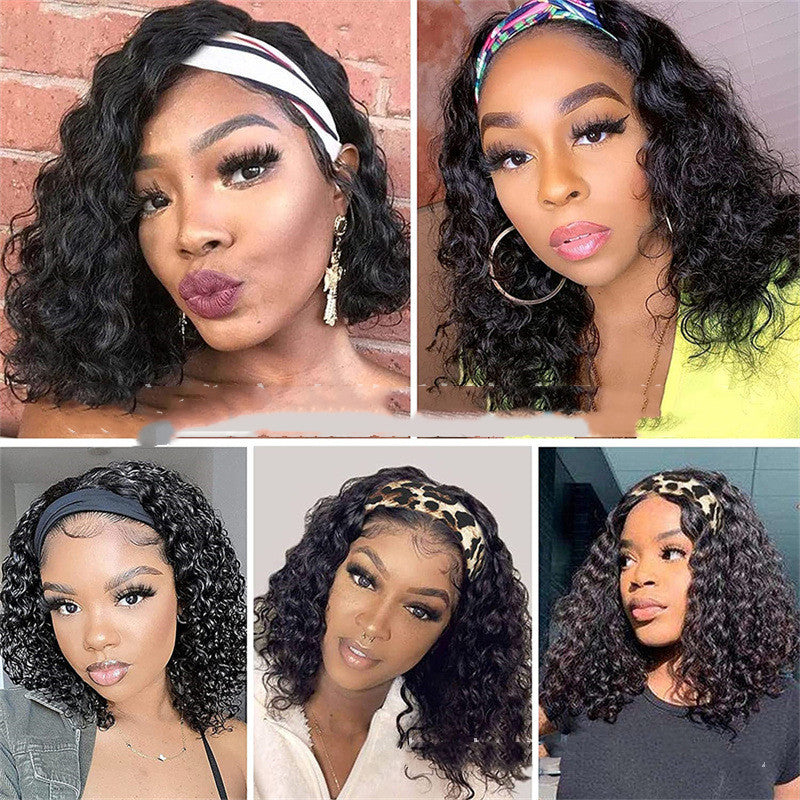 Black Curly Hairband Wig for Women Short Shoulder Length Hairpiece