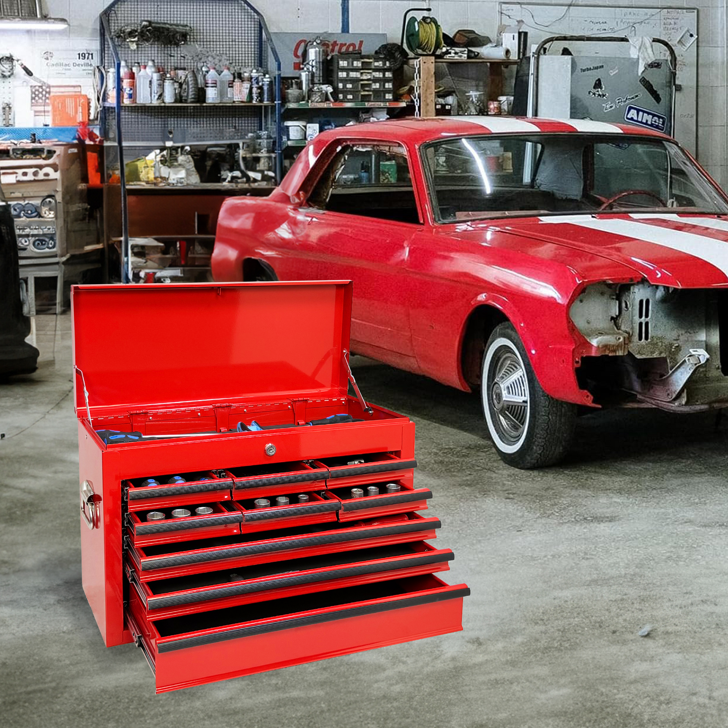 24-Inch Heavy Duty Metal Tool Box with 9 Drawers and Locking System - Red