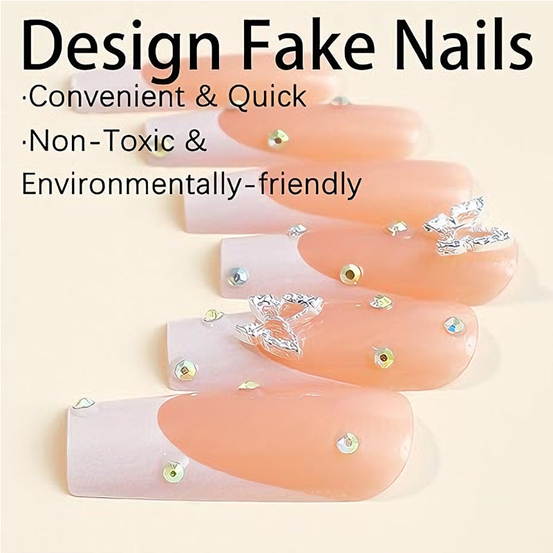 24-Piece Long Square Press-On Nails - Pink Diamond Butterfly Design