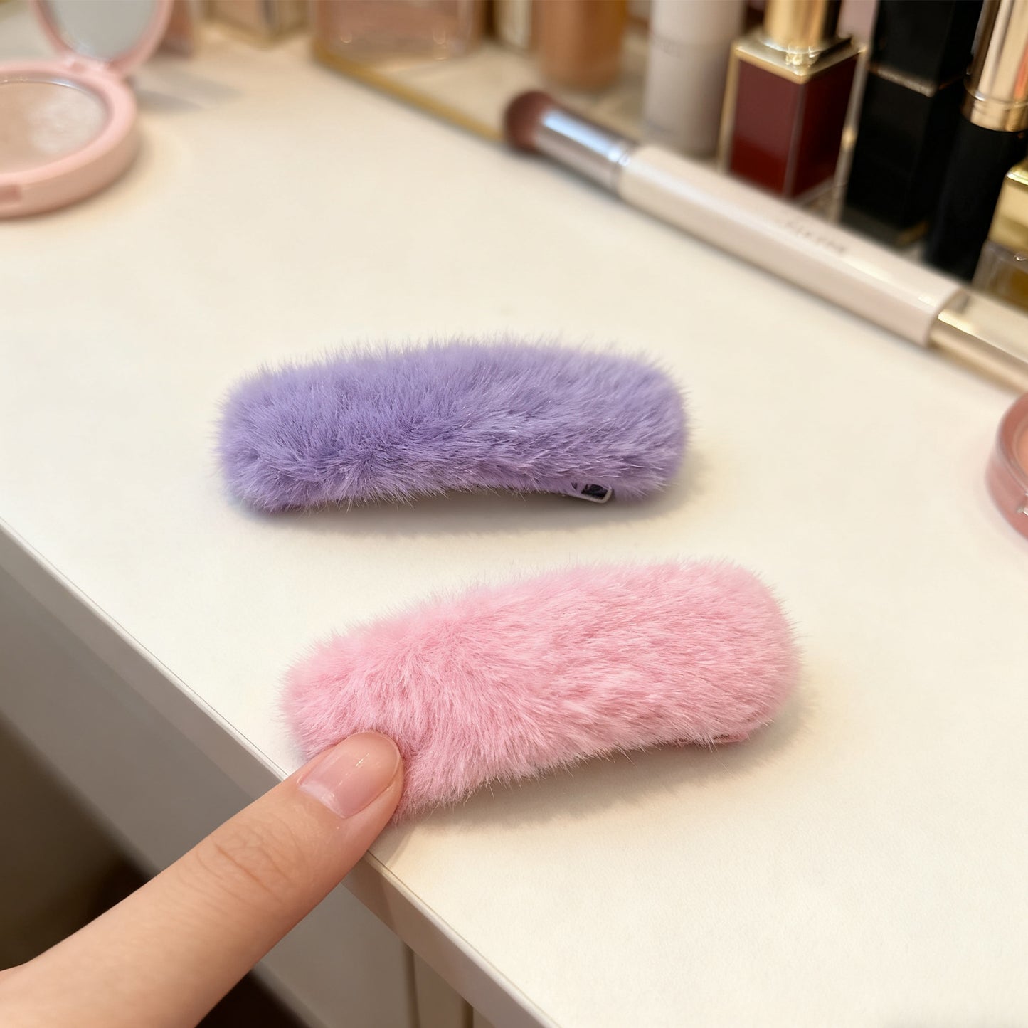 Furry Hair Clips Set - Pink & Purple Decorative Clips