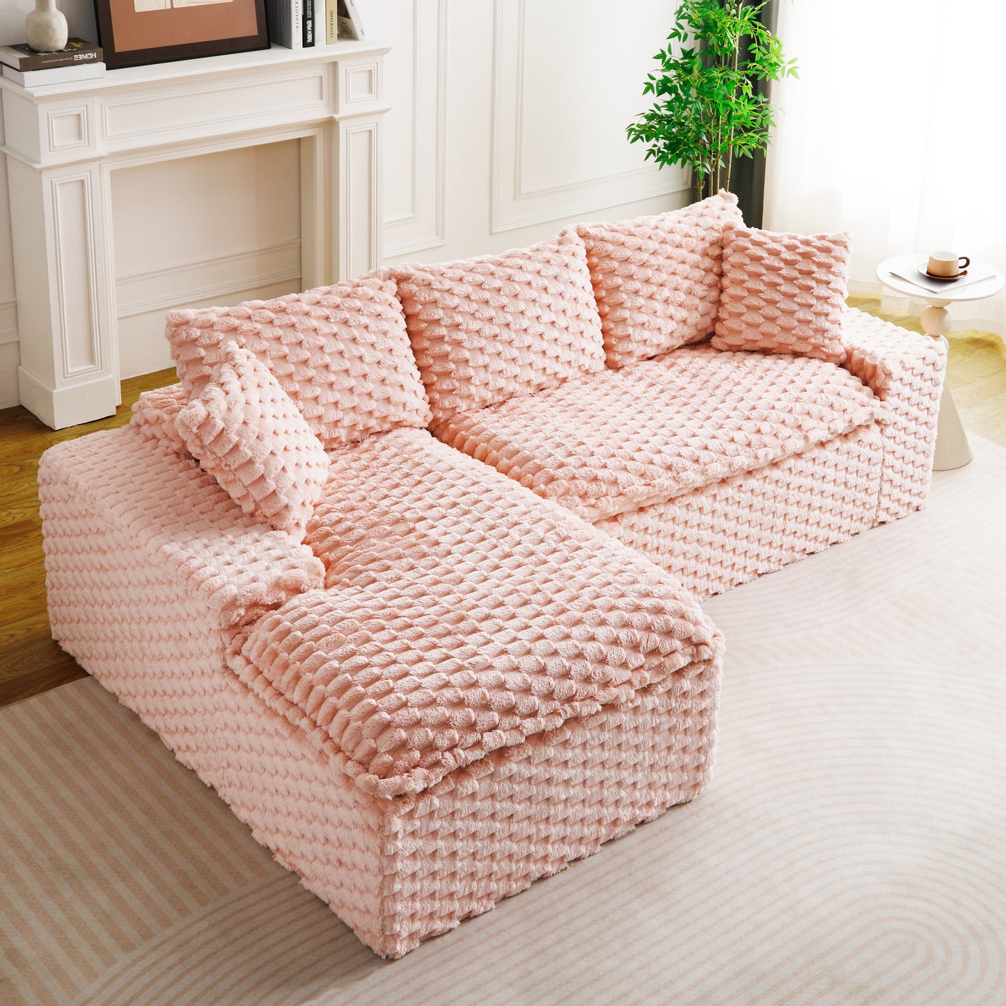 Convertible Pink Turtle Velvet Sofa with Left Chaise Lounge