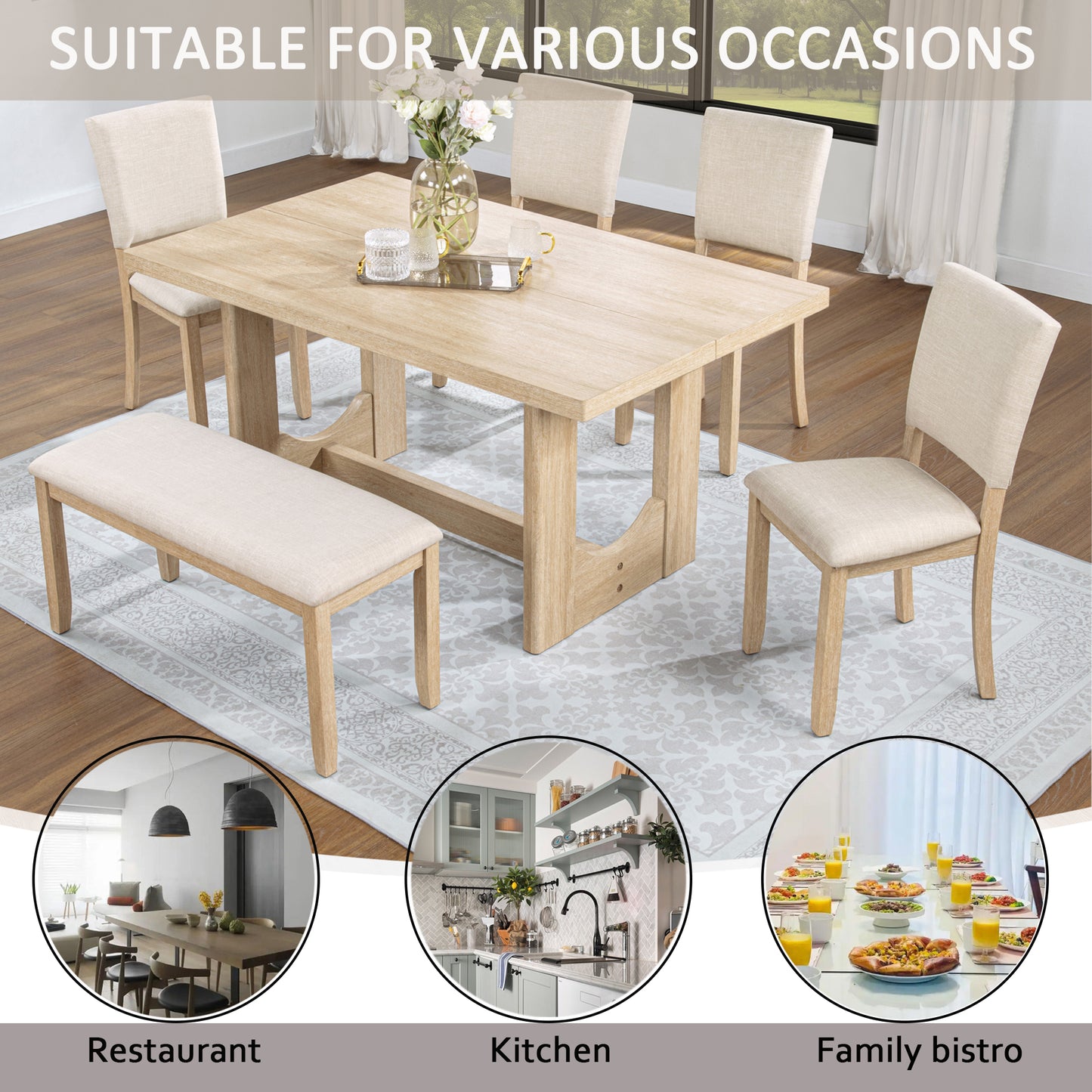6-Piece Wooden Dining Table Set with Bench & Upholstered Chairs