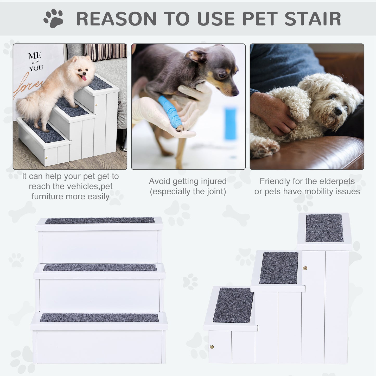 Wooden Pet Stairs with Storage - Non-Slip Carpeted Ramp for Cats & Small Dogs, White, 480x145x575mm