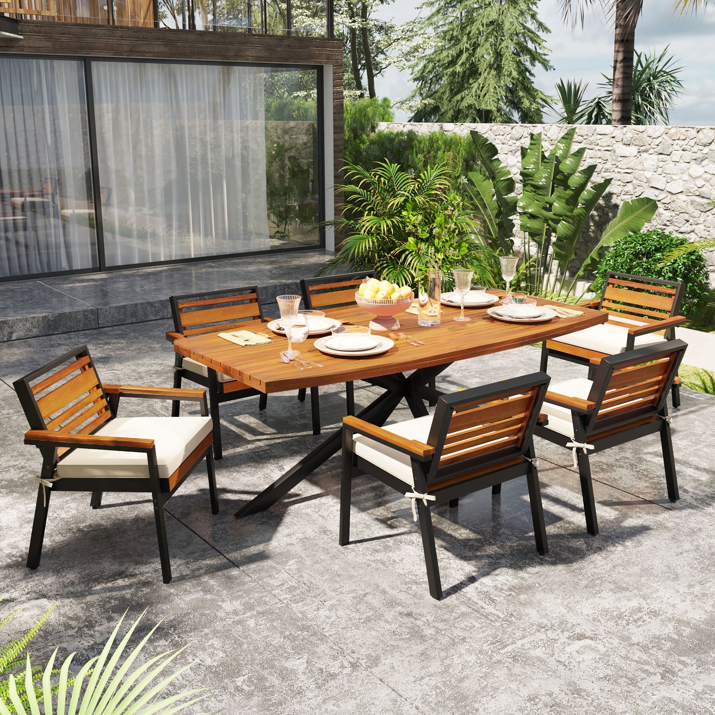Modern 7-Piece Dining Set, Acacia Wood With Iron Frame, 6 Chairs