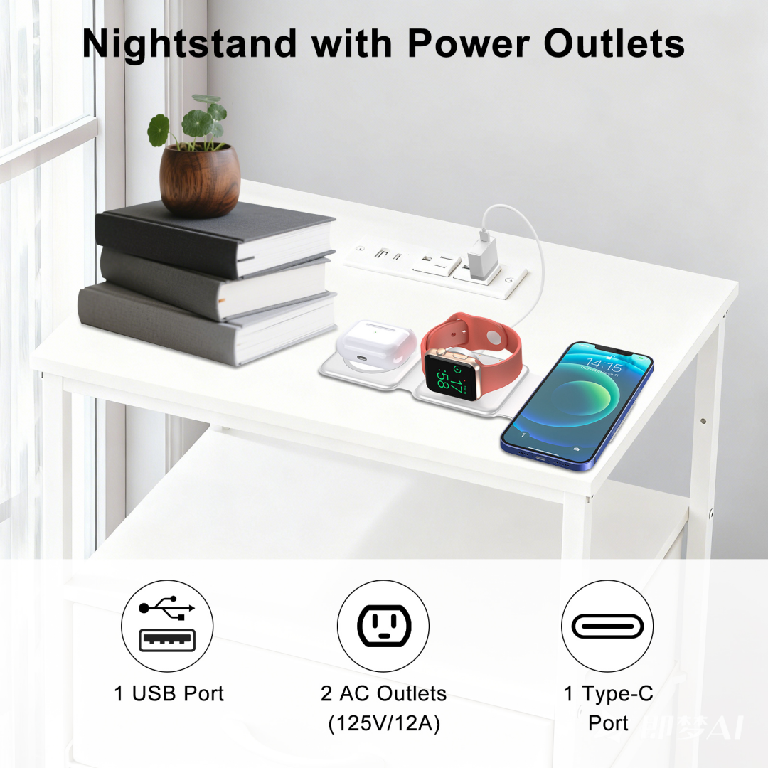 Small Bedside Table with Charging Station & Fabric Drawers - White