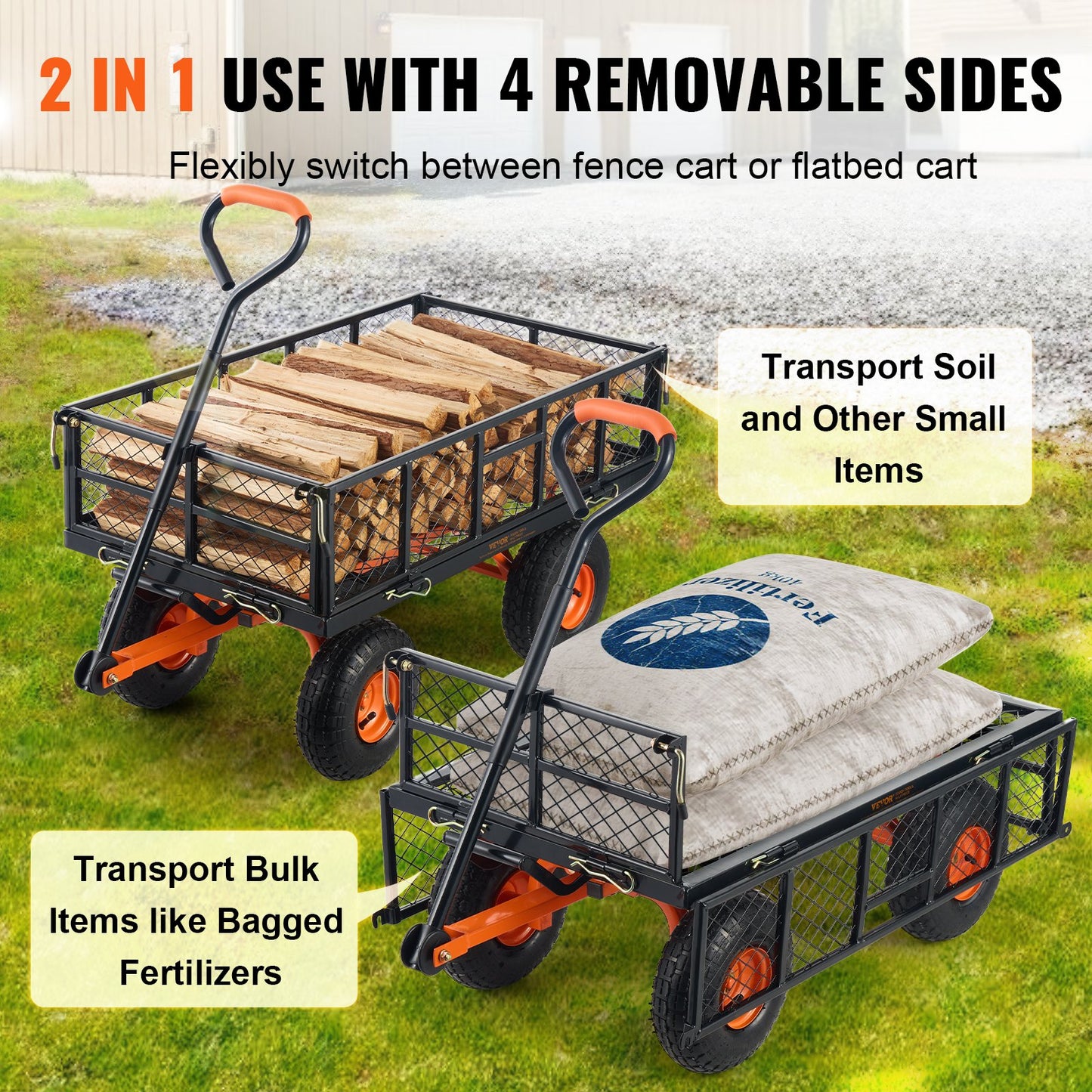 Heavy-Duty Garden Dump Cart with 880 Lb Capacity and 2-in-1 Handle - Black